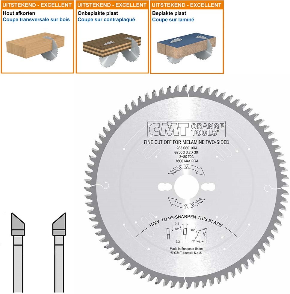 CMT Orange Tools cirkelzaagblad HW 250 x 2,8/1,8 x 30 Z = 24 10° ATB - 290.250.24M - voor langszagen