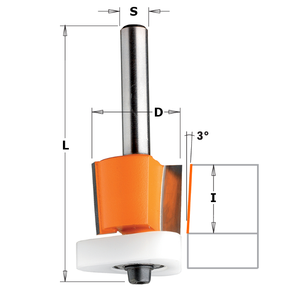 CMT 707.190.11 Uitloopfrees 3° met Delrin kopse geleider 19 x 15,87 mm schacht 6 mm