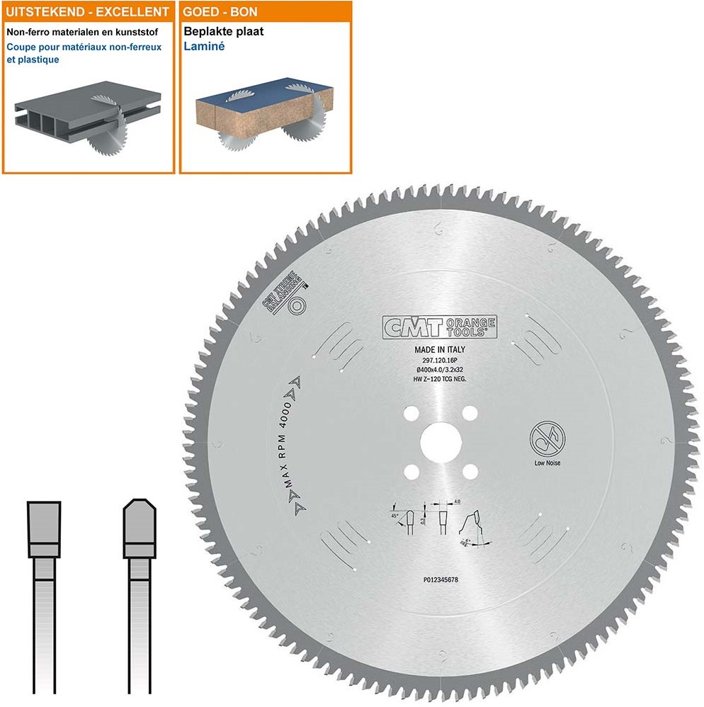 CMT 297.120.16P Zaagblad negatief voor Non-Ferro/Trespa/Alu 400 x 32 x 120T